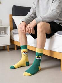 1 par de calcetines de media pantorrilla para hombres con patrón de expresión divertida en contraste de amarillo y verde, versátiles para todas las estaciones - Multicolor - Ver 7