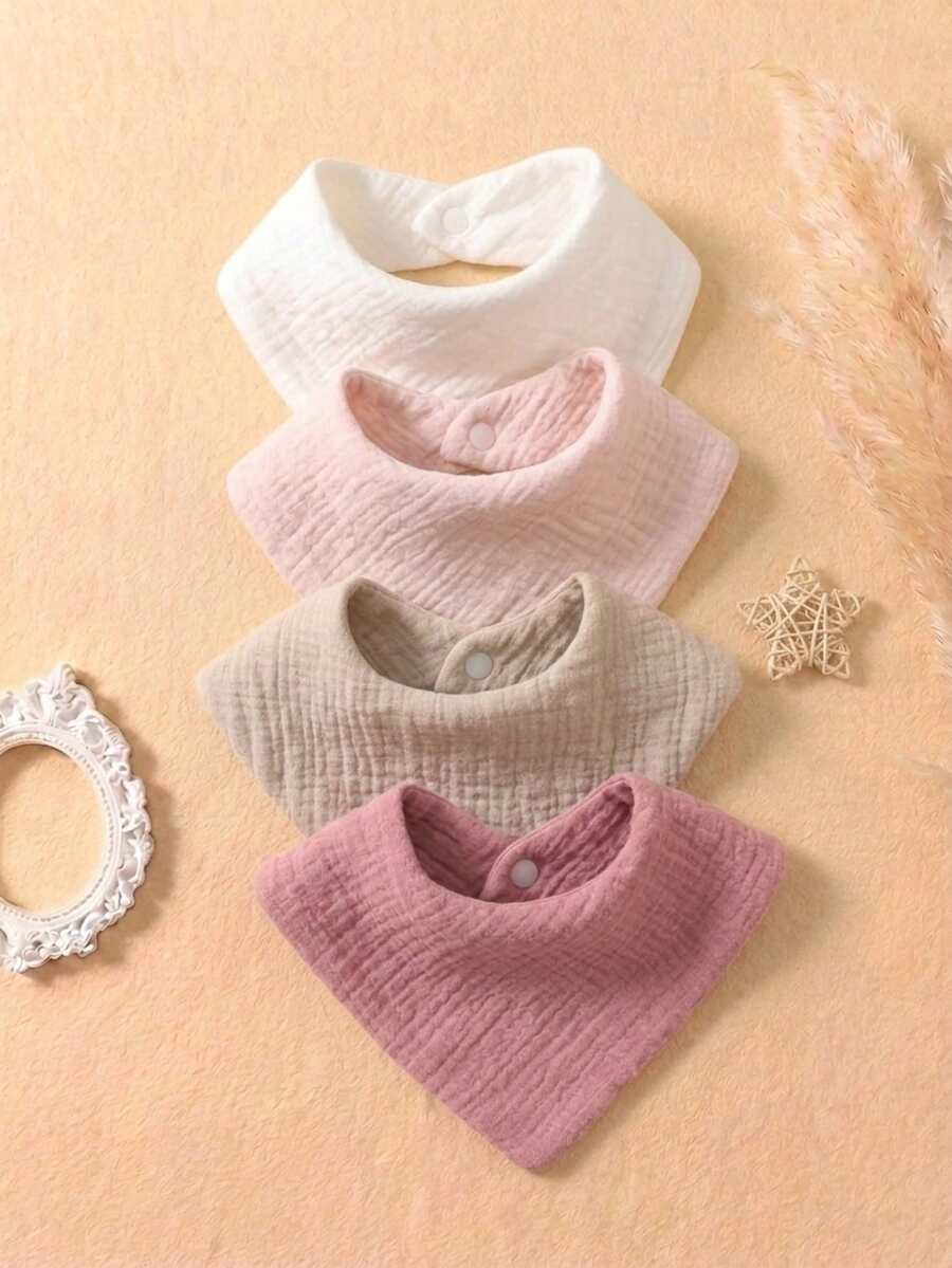 4pcs Candy Color Pure Cotton Simple Baby Bibs Set, Pleated Texture Cotton Infant Drool Bibs, Cute Unisex Burp Cloths Suitable For Daily Use All Seasons - Multicolor - View 1