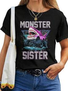 Shark Monster Truck Sister Monster Truck Are My Jam Truck Women T-Shirt Gifts For Boyfriend Women Summer Clothes Boy Clothes Tshirts For Men - màu đen - Xem 6