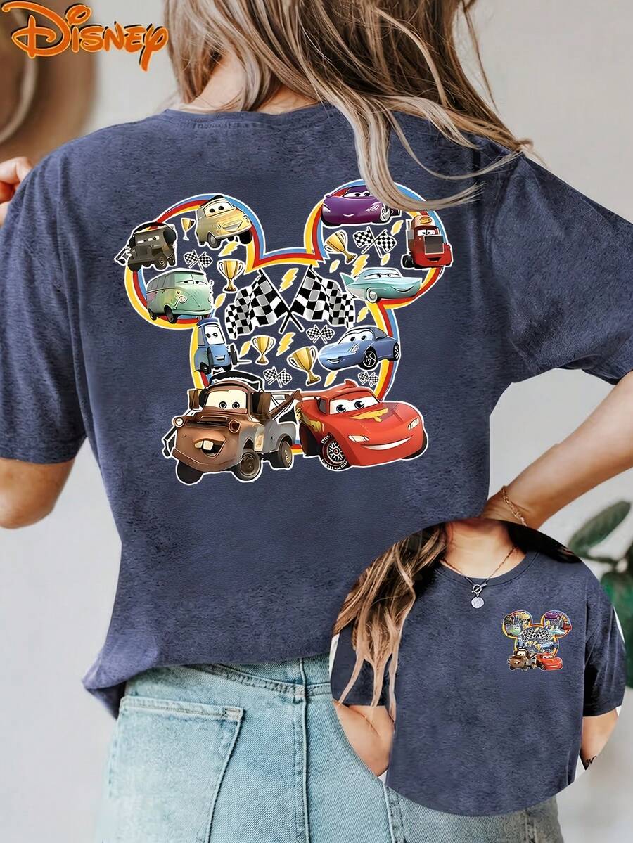Disney License T Shirts,Disney Cars Lightning McQueen Mickey Head Racing Car Collection Print Oversized T-Shirt For Women, Cute PIXAR1 Cars Character Graphic Loose Fit Casual Tee, Retro Disney PIXAR1 Cars Land Short Sleeve Tops For Cars Fans Disney World Trip Daily Wear Birthday Gift ,Camiseta, Summer Outfits For Women, Summer Clothes, Summer Tops, Tops For Women, Festival Outfits, Summer Tops For Women, Mother's Day, Mother's Day Clothing, Gifts For Family And Friends, Spring Outfits For Women, Officially Licensed Disney T-Shirts, Disney Men's And Women's Spring/Summer Fashion Casual Short-Sleeve T-Shirts - 藍色 - 查看 1