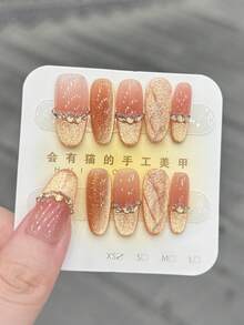 10片/套 按压式美甲贴片，金色棋盘腮红，耀眼猫眼，法式风格，堆叠水钻，温柔，优雅，成熟女士，手工制作可佩戴美甲。 - 彩色 - 查看 1