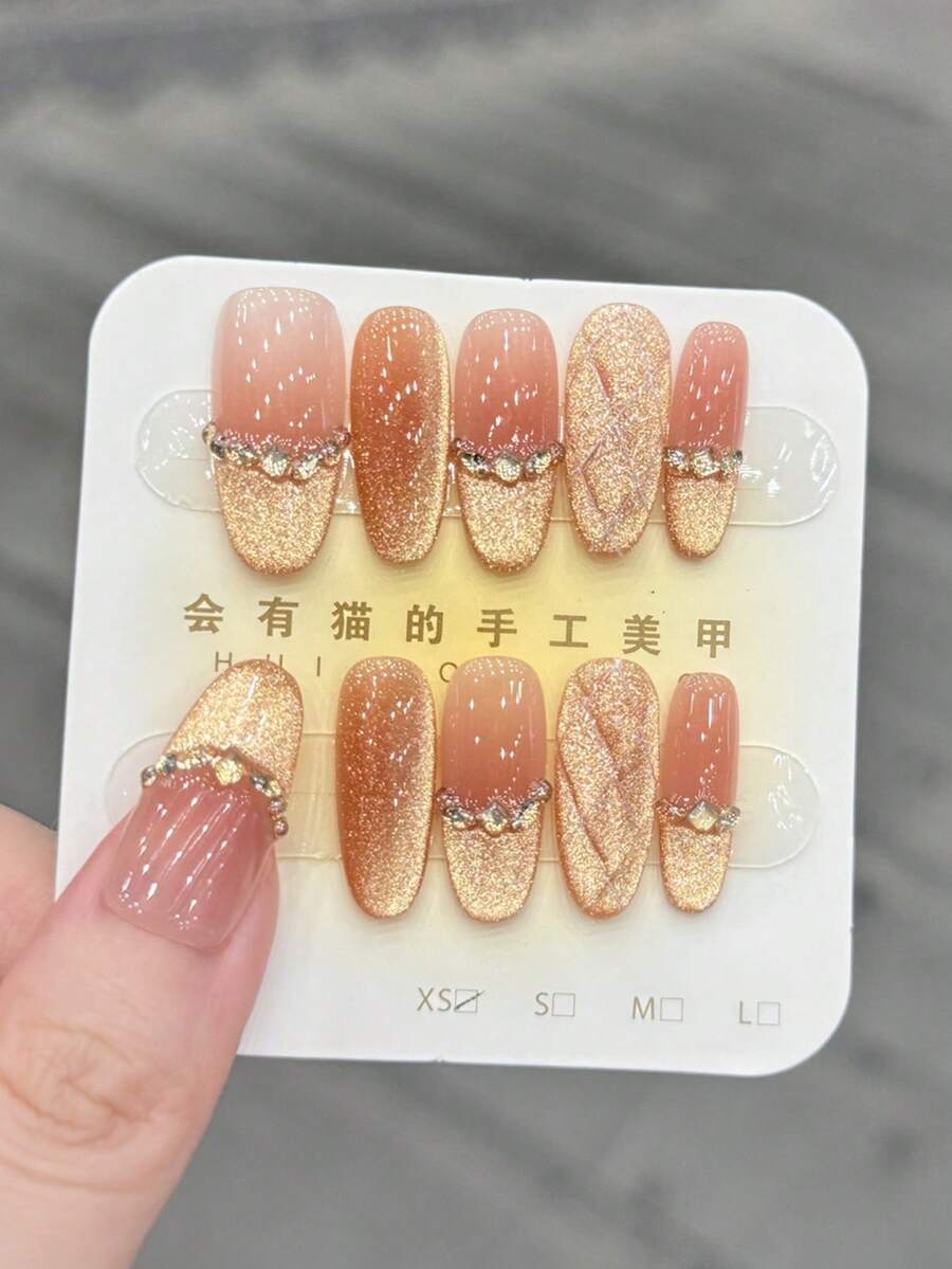10片/套 按压式美甲贴片,金色棋盘腮红,耀眼猫眼,法式风格,堆叠水钻,温柔,优雅,成熟女士,手工制作可佩戴美甲。 - 彩色 - 查看 1