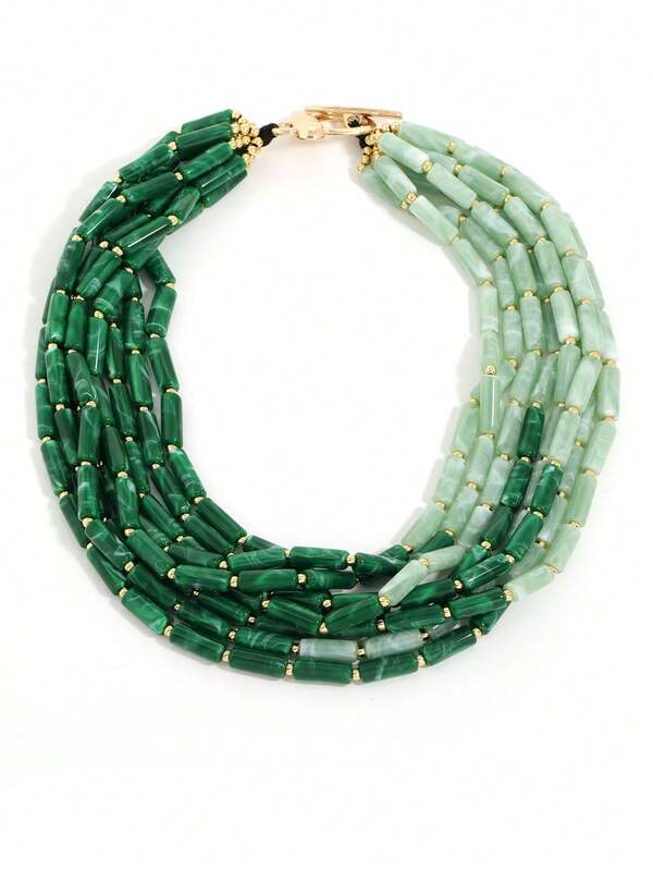 Collar de cuentas verde degradado multicapa exagerado, gargantilla retro, accesorio versátil y de moda