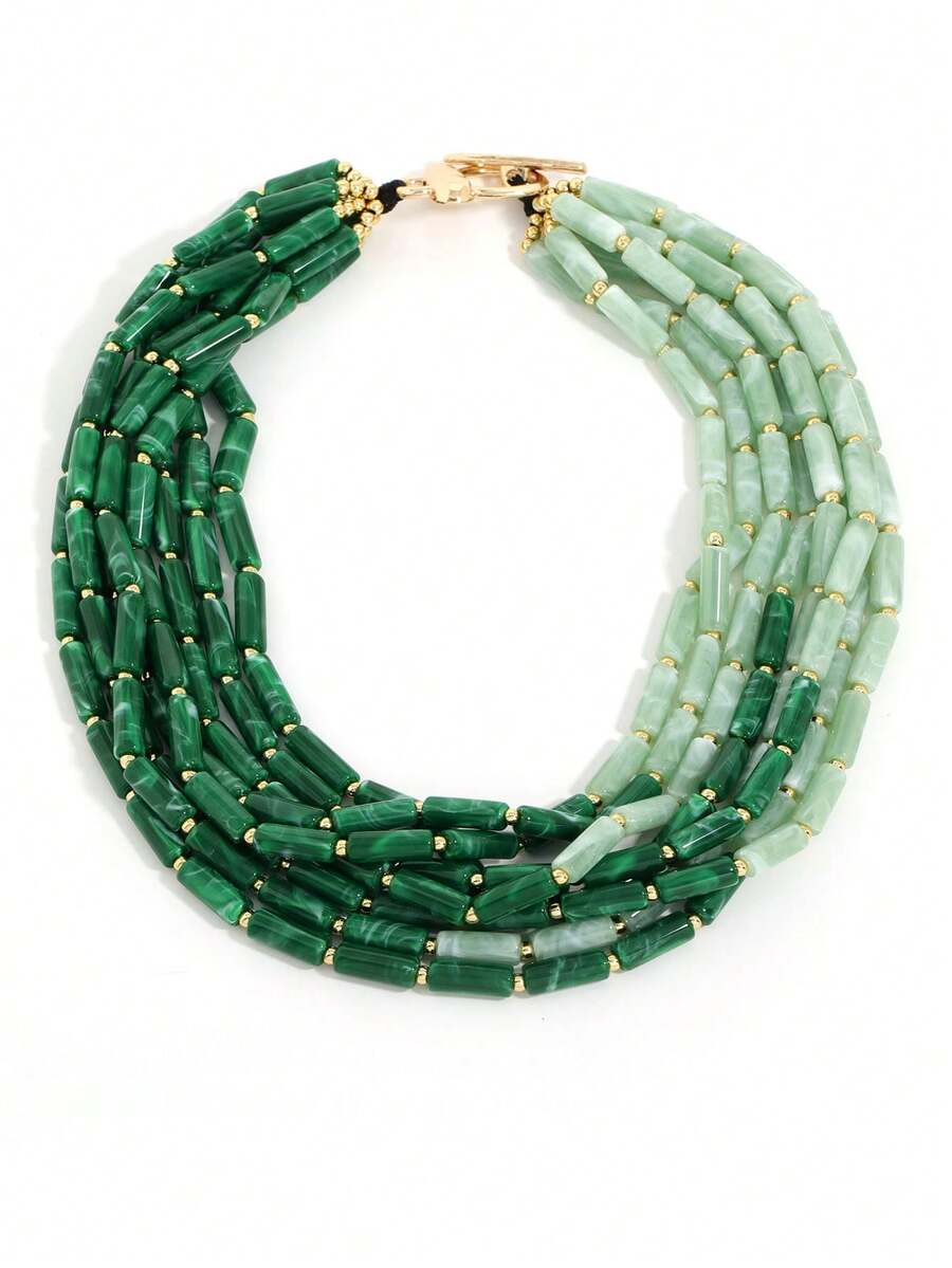 Collar de cuentas verde degradado multicapa exagerado, gargantilla retro, accesorio versátil y de moda - Degradado - Ver 1
