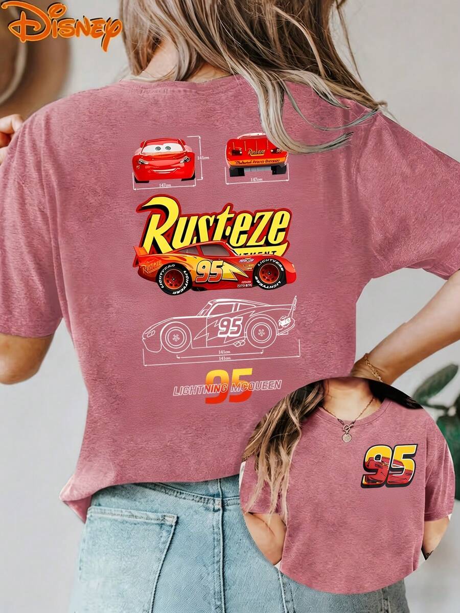Disney License T Shirts,Disney PIXAR1 Cars Lightning McQueen Rust-Eze Blueprint Women's Graphic T-Shirt, Retro 95 Lightning McQueen Car Specs Cartoon Print, Crew Neck Casual Loose Fit Short Sleeve Tee, Vintage Summer Tops For Disney Theme Park Vacation, Daily Wear, Car Lover Gift ,Camiseta, Summer Outfits For Women, Summer Clothes, Summer Tops, Tops For Women, Festival Outfits, Summer Tops For Women, Mother's Day, Mother's Day Clothing, Gifts For Family And Friends, Spring Outfits For Women, Officially Licensed Disney T-Shirts, Disney Men's And Women's Spring/Summer Fashion Casual Short-Sleeve T-Shirts - Màu Hồng Tươi - Xem 1