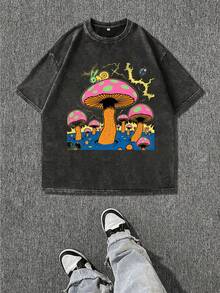 Black Vintage Mushroom, Snail & Bolt Graphic-Shirt - Streetwear Casual Short Sleeve Tee With Round Neck, Regular Fit, Hot Transfer Print, All-Season Comfortable Daily Wearsxtx001 - màu đen - Xem 1