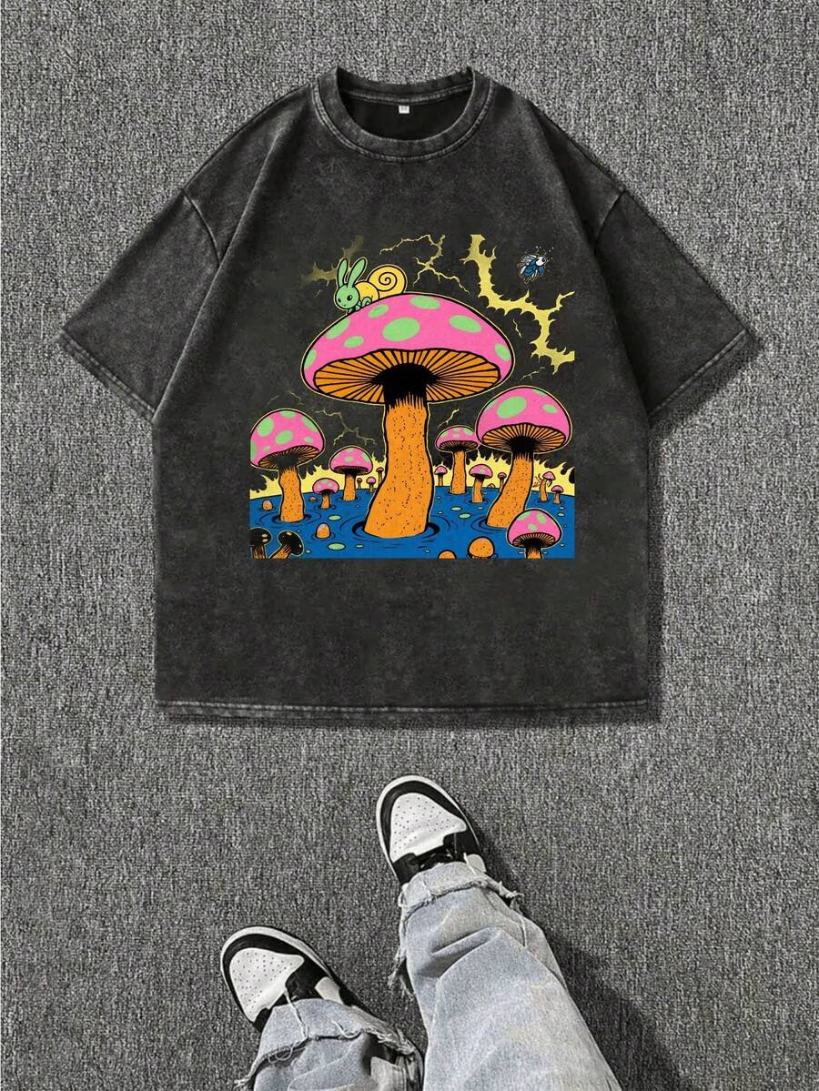 Black Vintage Mushroom, Snail & Bolt Graphic-Shirt - Streetwear Casual Short Sleeve Tee With Round Neck, Regular Fit, Hot Transfer Print, All-Season Comfortable Daily Wearsxtx001 - màu đen - Xem 1