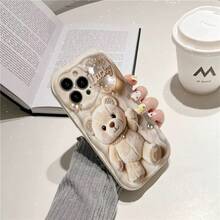 1pc Cute Bear Cartoon Pattern Phone Case, 2D Flat Design Cream Lace Trim Thick Shock-Proof Luxury Feel Phone Case - Antique White - View 4