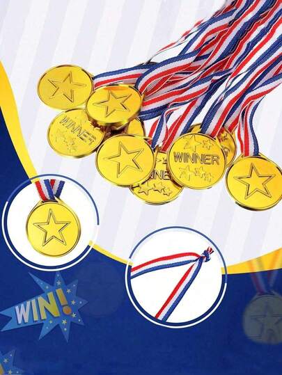 10pcs Gold Plastic Medals, Suitable For Gymnastics Competitions, Sports Contests, Talent Shows, Spelling Bees, Birthday Parties, Classroom Rewards, Back-To-School Events, Classroom Competitions, Game Contests, Football Matches, Holiday Decorations And Small Gifts
