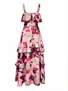 Spring/Summer New Beach Vacation Style Printed 2-Piece Set, Ruffle Camisole Top & Cake Skirt, Polyester Material Pink - Pink - View 10