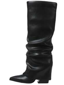 Shark Boots Women's Knee High Boots Fold Over Boots Slouchy Chunky High Heels Shoes Wide Calf Pointed Toe Shoes - 黑色 - 查看 6