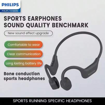 PHILIPS TAA6609C Bone Conduction Bluetooth Headphones Professional For Sports Running & Cycling Ear-Hook Open-Ear Design Non-In-Ear Waterproof & Sweatproof Long Battery Life Universal Gift