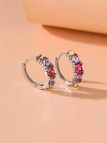 Cubic Zirconia Decor Hoop Earrings - Silver - View 2