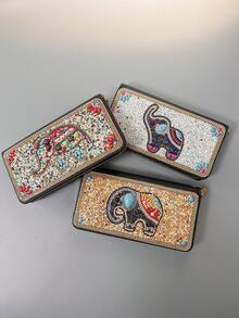 Cartera larga para mujer, artesanía con cuentas brillantes que se puede usar como un bolso de noche, gran capacidad para guardar teléfono, dinero, llaves y otros artículos pequeños, múltiples ranuras para tarjetas para organizar diferentes tarjetas, material de PU de alta calidad con tacto suave, cartera larga con un exquisito patrón de elefante con cuentas que muestra una calidad premium - Multicolor - Ver 3