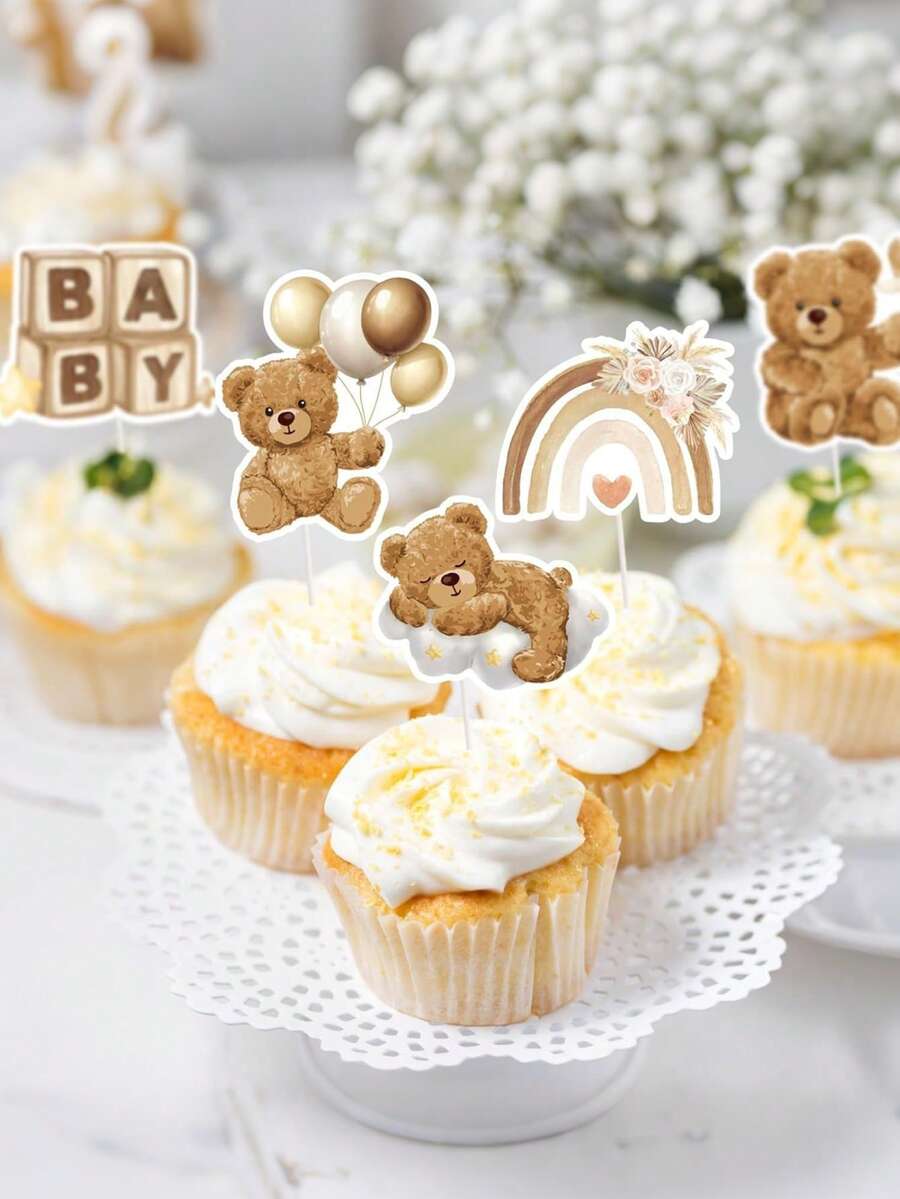 24 chiếc phụ kiện trang trí bánh cupcake hình gấu bông nhỏ, thích hợp cho tiệc mừng em bé chào đời, tiệc đầy tháng, tiệc sinh nhật lần thứ nhất. - Nhiều màu - Xem 1