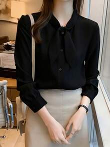 Solid Color Front Button Casual Loose Summer Shirt With Ribbon Collar Black - Black - View 4