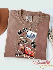 Summer Travel Short Sleeve T-Shirt, Disney Cars Lightning McQueen Racing Collection Print Casual T-Shirt - 咖啡棕 - 查看 2