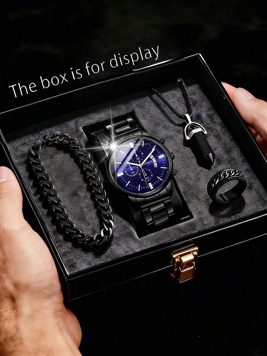 4PCS Simple Business Men's Quartz Watch, Men's Cool Business Style Quartz Watch Accessory Set, Including A Men's Quartz Watch With Bar Markers, Cuban Chain Bracelet, Pendant Necklace, And Engraved Ring. - Black - View 1
