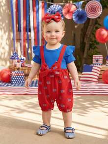 Newborn Baby Girl 4th Of July Romper My First 4th Of July Outfit Long Sleeve Cute One Piece Knit Jumpsuit Infant Outfits With Bow Headband, Baby Girl 4th Of July Outfit, Newborn Summer Clothes - 紅色 - 查看 4