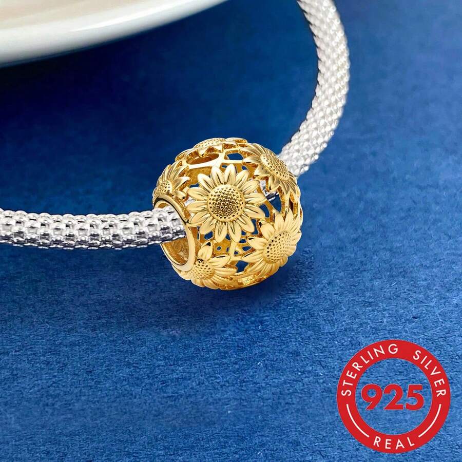 1pc 925 Sterling Silver Hollow Sunflower Bead Pendant, Suitable For DIY Jewelry, Daily Outfit Decoration, Women Gift - Sunflower - View 1