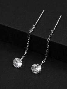 1 Pair S925 Sterling Silver Minimalist Zirconia Tassel Earrings, Delicate Versatile Everyday Wear Earrings For Women - Round - View 5
