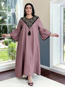 Đầm thêu đính cườm thanh lịch, trang phục truyền thống Ả Rập dành cho nữ, áo dài JALABIA màu đen tua rua tím nhạt, đầm dài thời trang nữ 2026 cho mùa xuân/hè, trang phục truyền thống Eid Al-Adha. - Màu Hồng  Dưa hấu - Xem 4