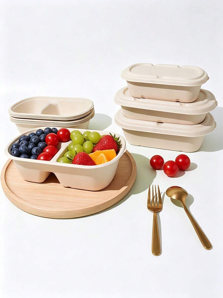 10 pièces/5 pièces/1 pièce Boîtes alimentaires avec couvercles - Boîtes à emporter en pulpe de canne à sucre, boîtes à déjeuner compostables, micro-ondes et congélateur, pratiques pour transporter les repas. Ces boîtes jetables pour micro-ondes peuvent être réchauffées et congelées en toute sans déformation ni rejet de substances toxiques. - Nude - Voir 1