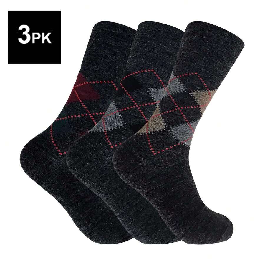 Sock Snob 3 Pack Mens Thin Warm Loose Non Elastic Lambs Wool Blend Argyle Pattern Socks For Circulation - Grey - View 1