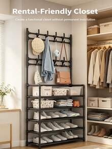 Freestanding Entryway Coat Rack With Shoe Storage, 4/5-Tier Metal Hall Tree Organizer With Hooks For Hats & Bags, Space-Saving Floor Standing Shelf For Bedroom, Dorm & Apartment, White - Multicolor - View 6
