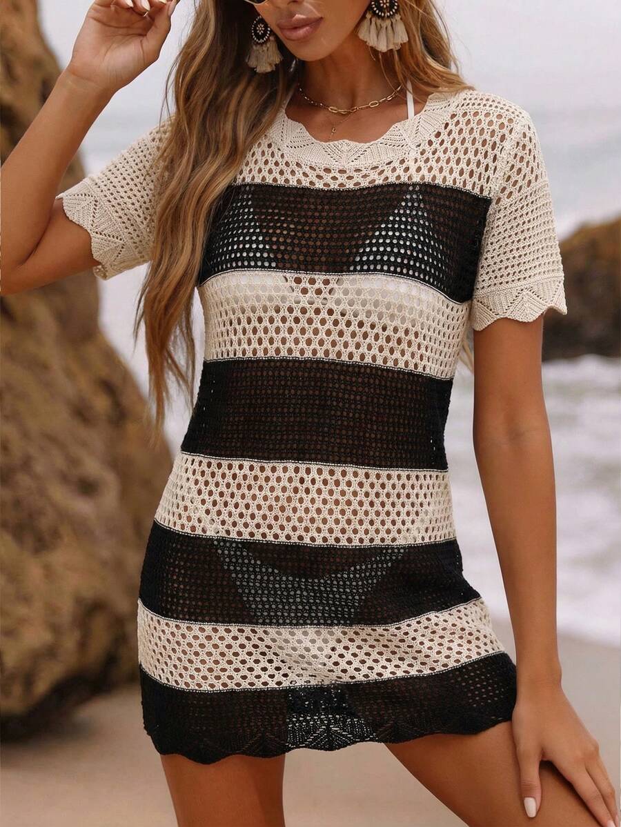 夏季沙滩装 女士休闲条纹短袖针织罩衫 - 彩色 - 查看 1