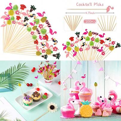 Hawaiian Luau Assorted Picks Tropical Cocktail Bamboo Toothpicks Flamingo Pineapple Beach Toucan Palm Leaf Handmade For Appetizers Food Drinks Luau Hawaii Beach Holiday Party Supplies 100 Pieces