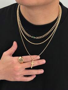 3pcs/Set Men's Punk Cross & Twisted Chain Necklace Set, Unique Design, Niche Style, Suitable For Casual Wear - Gold + Green - View 8