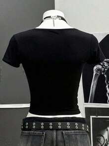 Retro Punk Style Lettered Short-Sleeved T-Shirt, Y2K Gothic Style Top, Street Hip-Hop Top, 90s Women's Fashion Emo Shirt Goth Shirt - 黑色3 - 查看 4