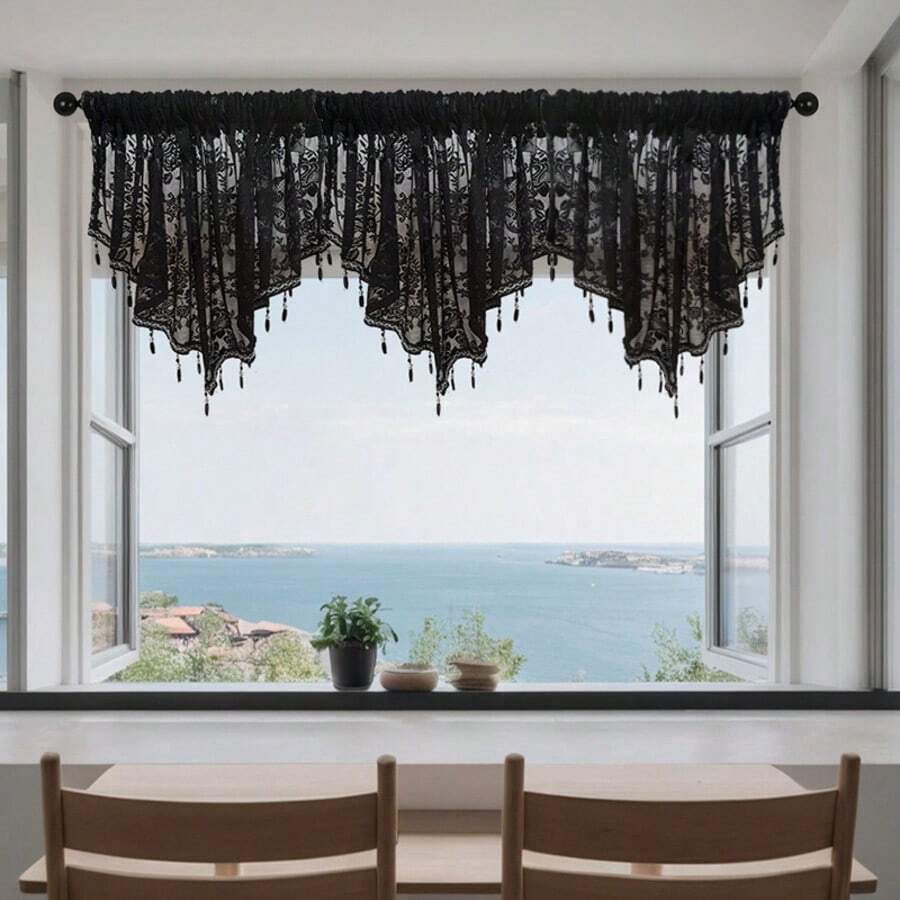 Premium Triangle Valance Fashionable Black Wavy Lace Trim Short Curtain, Suitable For Kitchen, Living Room, Study Decoration, Semi-Transparent Polyester Fiber With Rod Pocket Design, Easy To Remove, Suitable For Halloween Party Decoration - Black - View 1