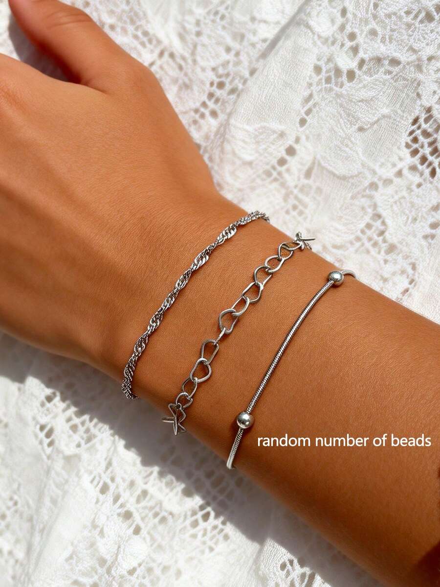 3pcs Stainless Steel Heart Beaded Multi-Layer Bracelet Set, Unisex Accessories For Daily, Work, Party - Silver - View 1