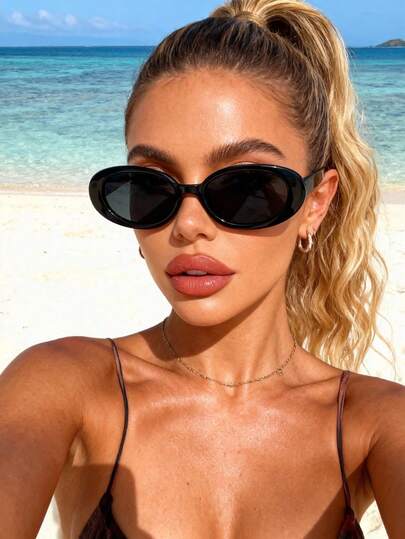 1pc Plastic Oval Full Frame Popular Design Vintage Shades Basics Perfect Personalized Sweet Sunglasses For Tropical Beach Vacay,Weekend Outfit,Vacay Vibes,Going Out Outfit Decoration