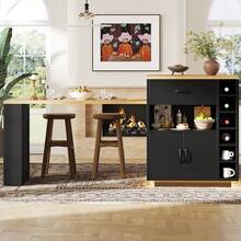 Extendable Kitchen Island With Dining Table, Multifunctional Storage Cabinet With Drawers Doors & Wine Rack, Space Saving Organizer For Kitchen & Dining Room - Black - View 1