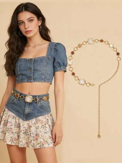 1 pieza Cadena para la cintura de mujer color dorado, con decoración de gemas de colores, estilo callejero BOHO Y2K, adecuada para camisas, vestidos, chaquetas, camisetas, faldas, pantalones, uso diario, fiestas, trabajo, festivales de música, calles, accesorio ideal para chicas Y2K