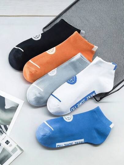 5 Pairs Men's Colorblock Letter Socks, Summer Breathable Sweat-Absorbent Sports Ankle Socks, Versatile Low-Cut Casual Socks