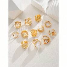 14/12/3pcs Set Asymmetrical Shaped Faux Pearl Flower, Geometric, Liquid, Round, Hollow, Multilayer Metal Textured Rings, Oversized, Chunky, Fashionable, Elegant, Vintage, Suitable For Holiday, Party, Date, Gift, Daily Wear - Yellow Gold - View 5