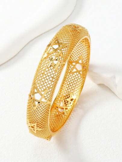 1件中东斋月铜质24K镀金镂空六角星手镯，复古奢华派对配饰