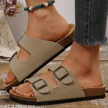 Women's Sandals Flats Soft Open Toe Summer Slide With Adjustable Buckle Slippers Shoes - 灰色 - 查看 4