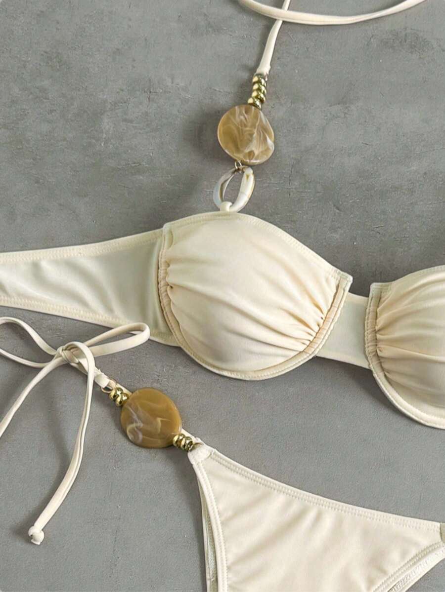 Bikinx Conjunto de bikini con escote espalda descubierta, frente con lazo y drapeado, con aros, en unicolor, adecuado para playa y vacaciones de verano - Albaricoque - Ver 1