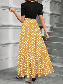 KeKe Bloomly Women's Elegant A-Line Dress With Puff Sleeves, Bow Decor, Color Block Design, Round Neck, Machine Washable, Casual Dress For Spring/Summer, Suitable For Commuting, Party, Beach, High-End Occasions Vacation - Yellow - View 4