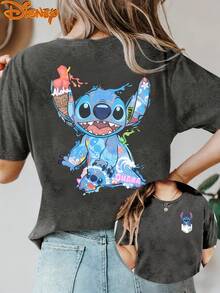 Disney License T Shirts,Disney Stitch Lilo & Stitch Hawaiian Collage Graphic T-Shirt, Women's Oversized Aloha Ohana Print Short Sleeve Tee, Casual Loose Fit Top For Lilo & Stitch Fans, Disney Trips, Theme Park Outings, Daily Wear & Hawaiian Themed Outfits ,Camiseta, Summer Outfits For Women, Summer Clothes, Summer Tops, Tops For Women, Festival Outfits, Summer Tops For Women, Mother's Day, Mother's Day Clothing, Gifts For Family And Friends, Spring Outfits For Women, Officially Licensed Disney T-Shirts, Disney Men's And Women's Spring/Summer Fashion Casual Short-Sleeve T-Shirts - 灰色 - 查看 1