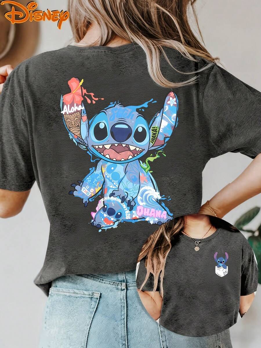 Disney License T Shirts,Disney Stitch Lilo & Stitch Hawaiian Collage Graphic T-Shirt, Women's Oversized Aloha Ohana Print Short Sleeve Tee, Casual Loose Fit Top For Lilo & Stitch Fans, Disney Trips, Theme Park Outings, Daily Wear & Hawaiian Themed Outfits ,Camiseta, Summer Outfits For Women, Summer Clothes, Summer Tops, Tops For Women, Festival Outfits, Summer Tops For Women, Mother's Day, Mother's Day Clothing, Gifts For Family And Friends, Spring Outfits For Women, Officially Licensed Disney T-Shirts, Disney Men's And Women's Spring/Summer Fashion Casual Short-Sleeve T-Shirts - 灰色 - 查看 1