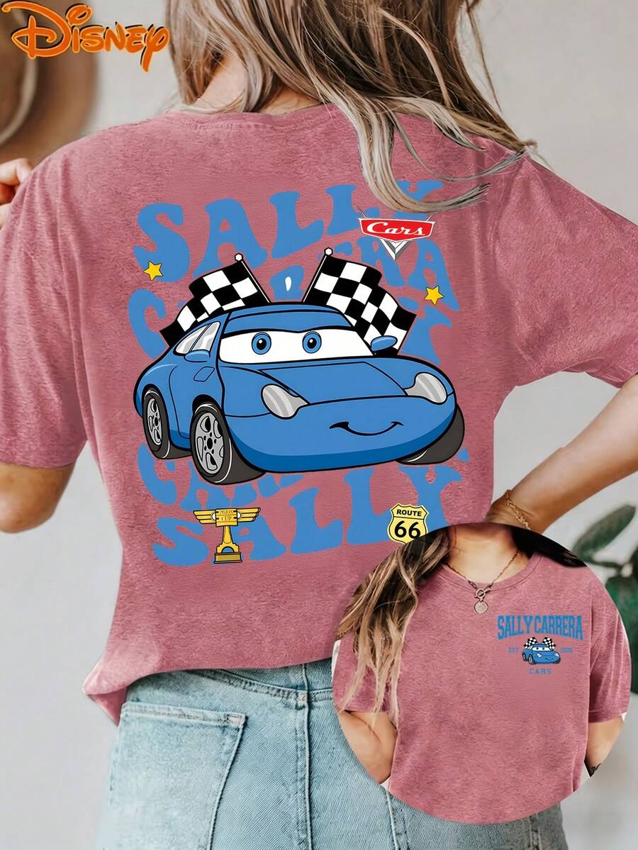Disney License T Shirts,Disney Cars Sally Carrera Graphic T-Shirt For Women, Casual Loose Fit Race Car Checkered Flag Routee 66 Print Short Sleeve Tee, Cute Disney PIXAR1 Movie Character Top, Family Matching Mommy & Me Outfit,  Vacation Daily Wear Summer Fashion Top ,Camiseta, Summer Outfits For Women, Summer Clothes, Summer Tops, Tops For Women, Festival Outfits, Summer Tops For Women, Mother's Day, Mother's Day Clothing, Gifts For Family And Friends, Spring Outfits For Women, Officially Licensed Disney T-Shirts, Disney Men's And Women's Spring/Summer Fashion Casual Short-Sleeve T-Shirts - Màu Hồng Tươi - Xem 1