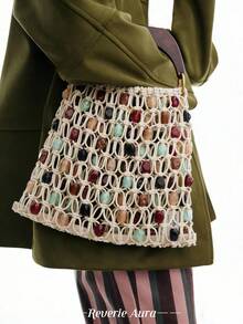 1pc Beige Vacation Casual Style Women's Handbag, Handwoven Beaded Wooden Handle Women's Tote Bag, Suitable For Beach, Outing, Travel, Matching Fashion Outfits, Dresses - Beige - View 5