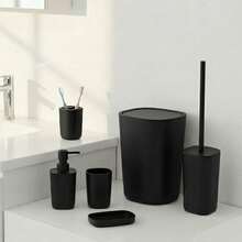 Bộ phụ kiện phòng tắm 6 món, bao gồm cọ toilet, thùng rác, cốc tráng bồn cầu, khay đựng xà phòng, giá đựng bàn chải đánh răng và bình đựng xà phòng. - Nhiều màu - Xem 1