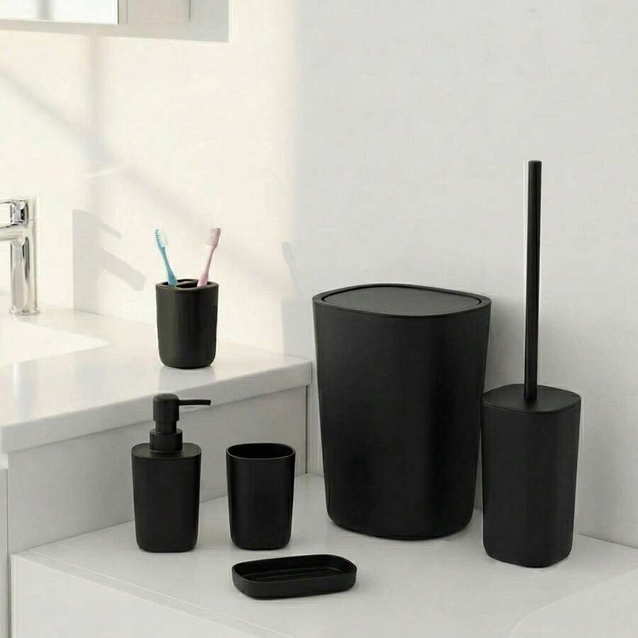 Bộ phụ kiện phòng tắm 6 món, bao gồm cọ toilet, thùng rác, cốc tráng bồn cầu, khay đựng xà phòng, giá đựng bàn chải đánh răng và bình đựng xà phòng. - Nhiều màu - Xem 1